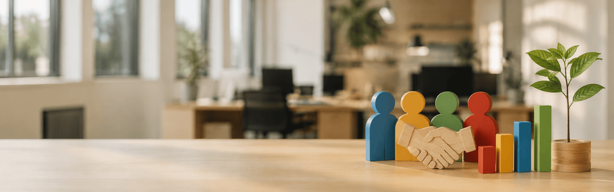 Figuras representando equipe e crescimento colaborativo, com gráfico ascendente e aperto de mãos, em um escritório moderno