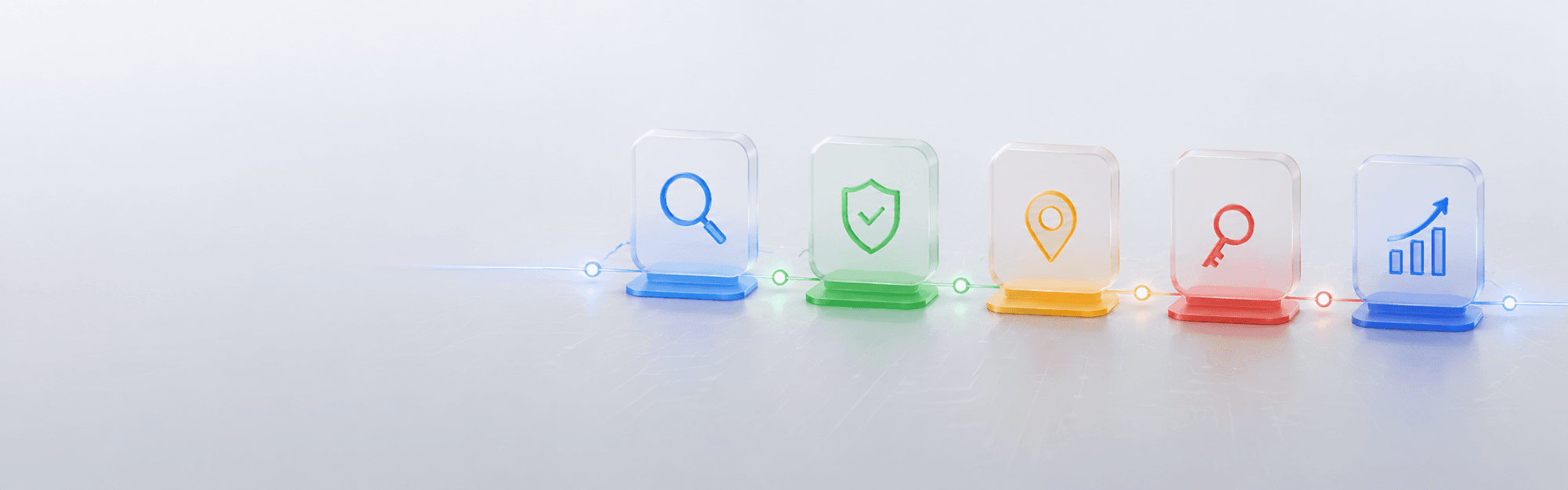 Cinco blocos de vidro iluminados com ícones representando busca, segurança, localização, palavra-chave e crescimento, conectados por uma linha luminosa