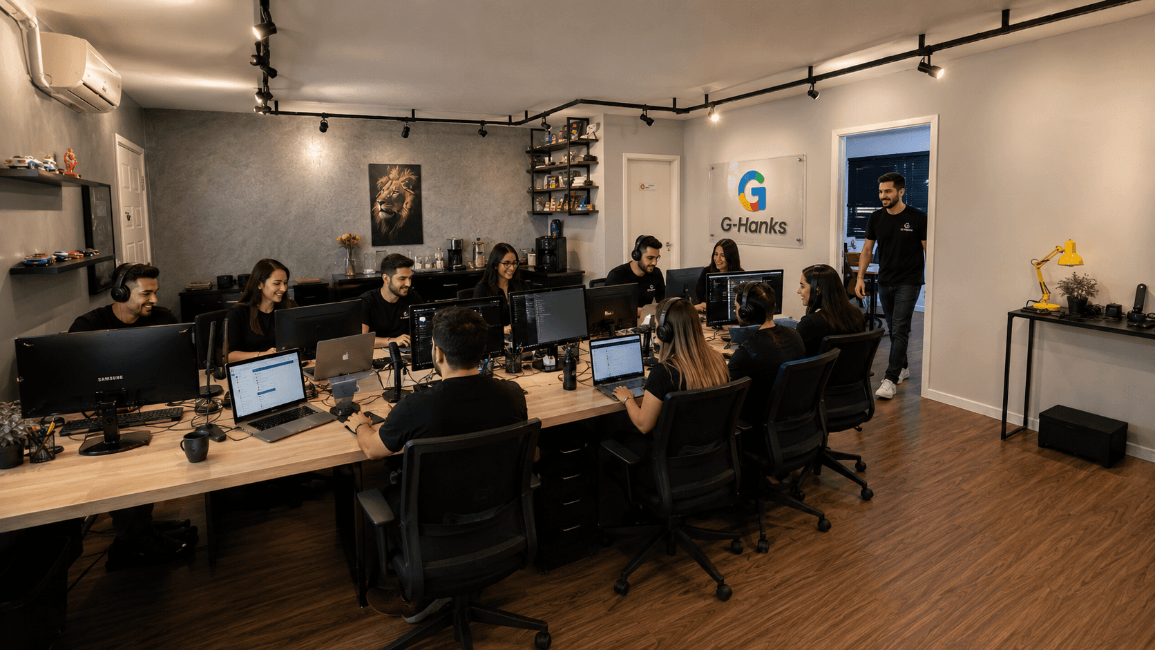 Equipe G Hanks trabalhando no escritório com a identidade visual da marca na parede